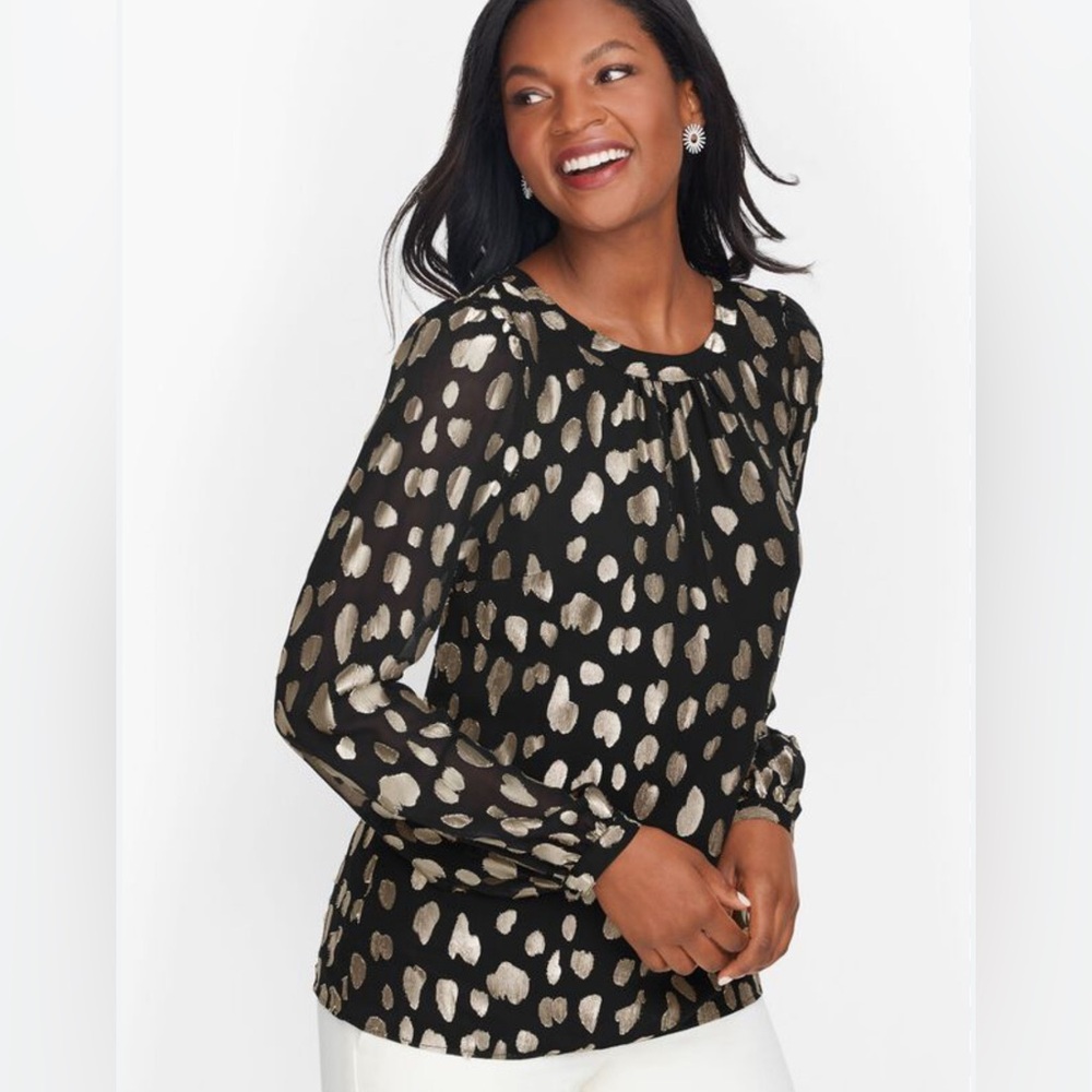 TALBOTS Clip Dot Tie Back Silver Metallic Black Blouse Size Small